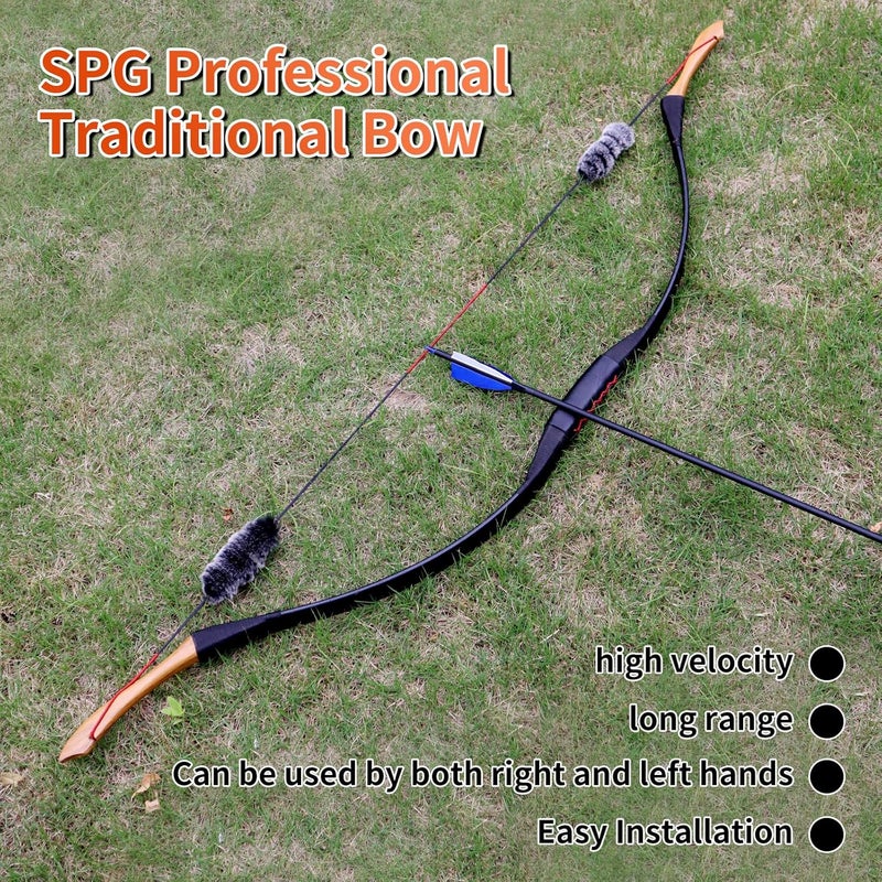 SP.G 50lbs One Piece Traditional Bow - 50" Handmade Wooden Bow Fast Precision Shooting Traditional Recurve Bow and Arrow Set for Adult & Archers Right Left Hand Archery Horse Long Bow - Image 5